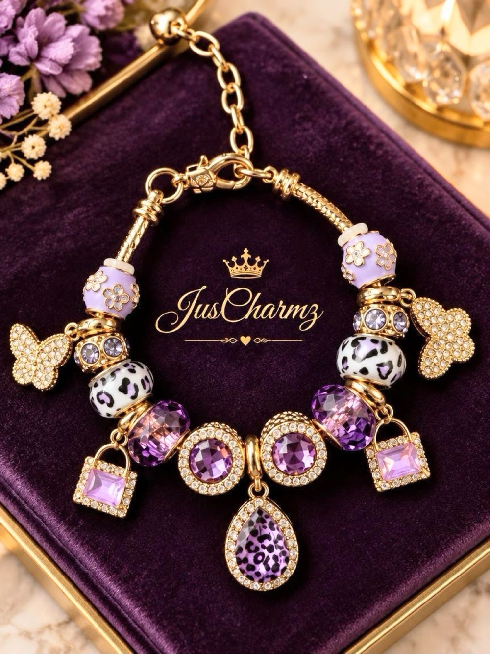 Y2K Glam Gold Purple Butterfly & Leopard Bracelet